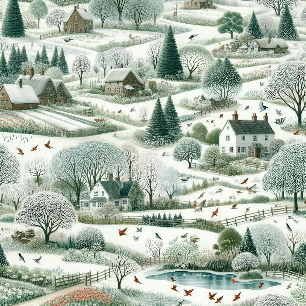 Winter Village With Trees And Lakes