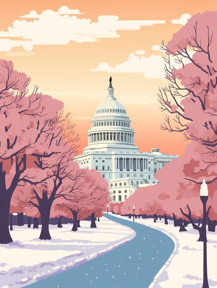 Vintage Winter Travel Illustration Washington Dc Usa 1