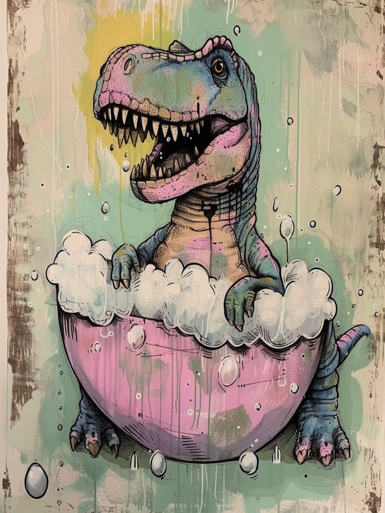 Dinosaur In The Bubble Bath Pastel Pink Abstract Illustration 3