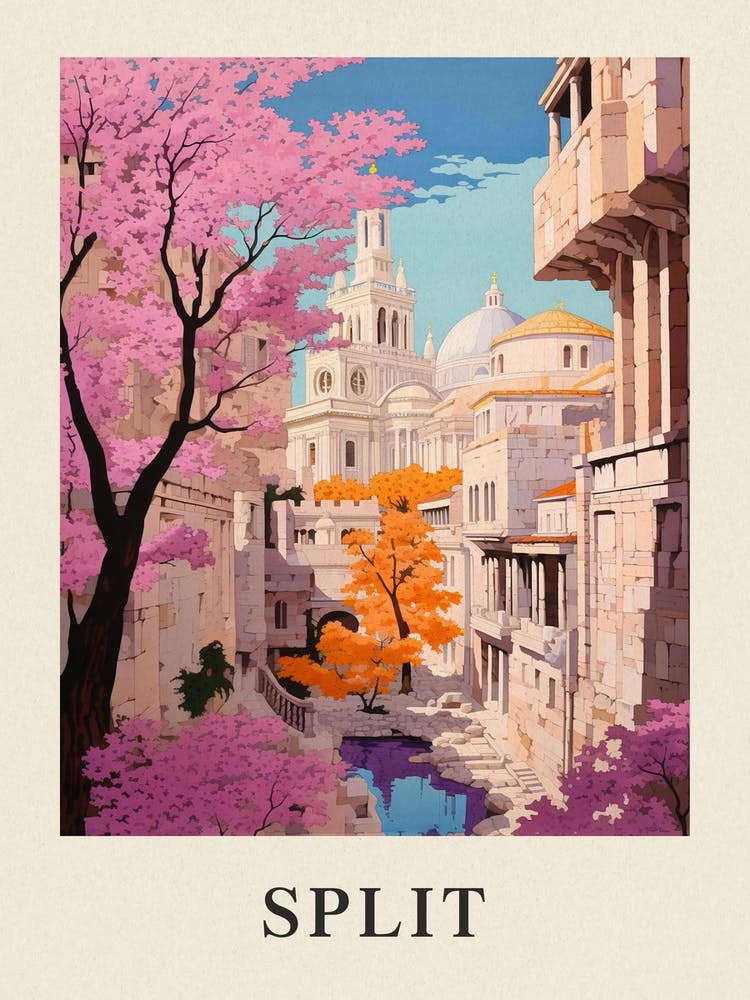 Split Croatia 4 Vintage Pink Travel Illustration Poster