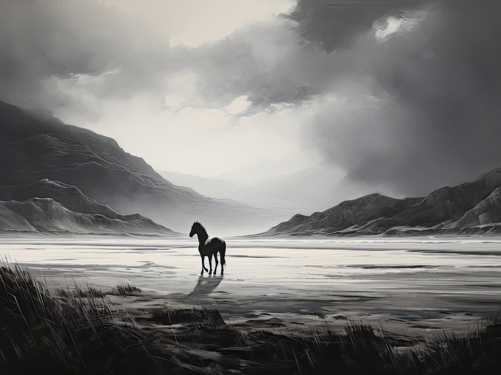 A Horse Oil Painting In Rhossili Bay Wales, Uk, Landscape 2