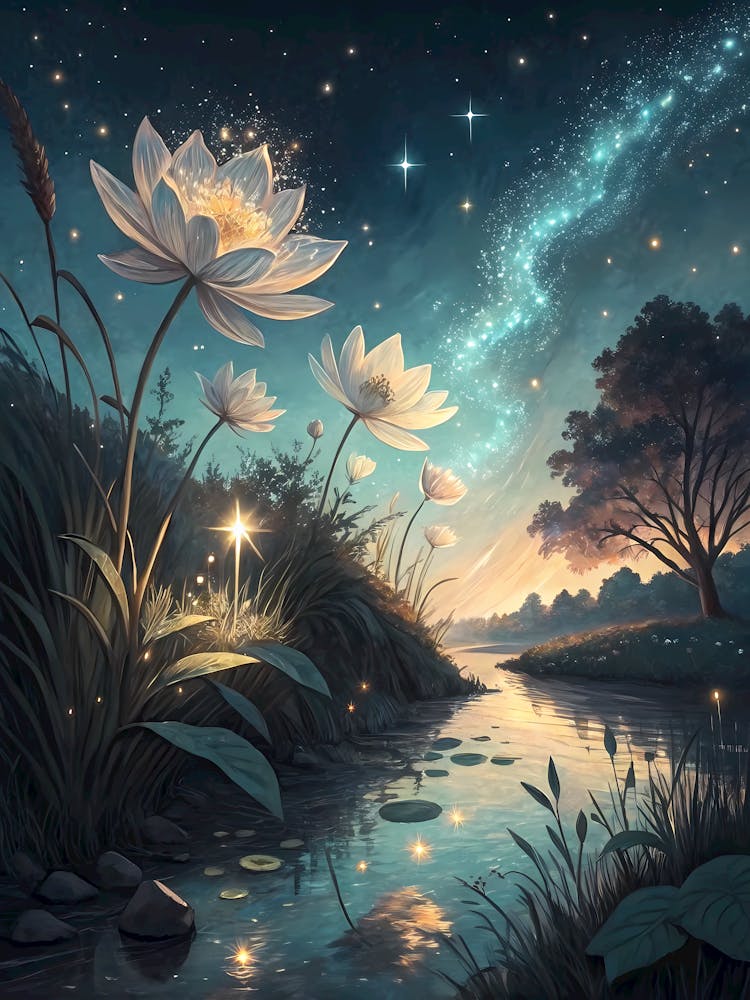 Fantasy-inspirierte Nachtlandschaft mit Lotusblumen im Ölgemälde-Stil