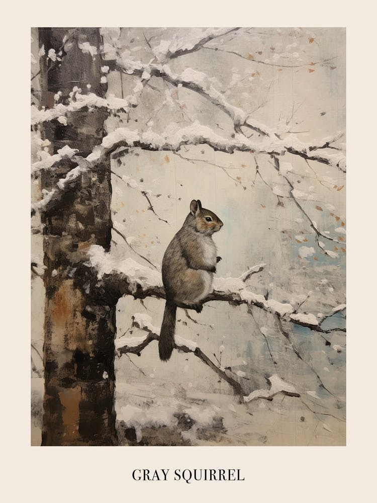 Vintage Winter Animal Painting Poster Gray Squirrel 1