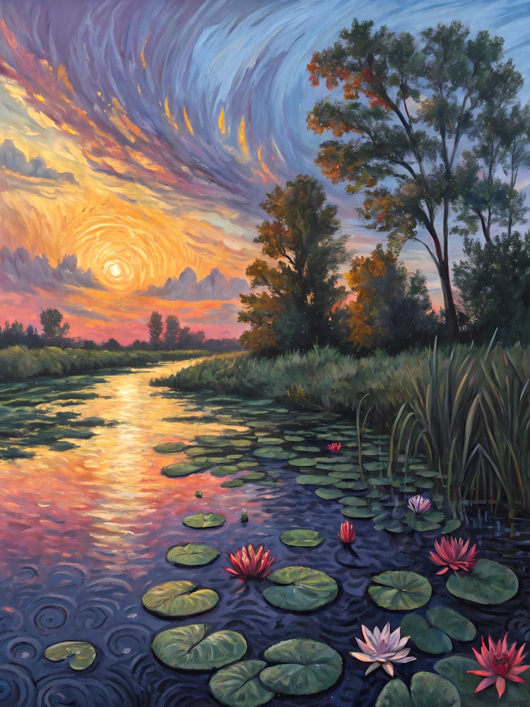 Van Gogh Sunrise Lake Water Lilies & Swirling Sky