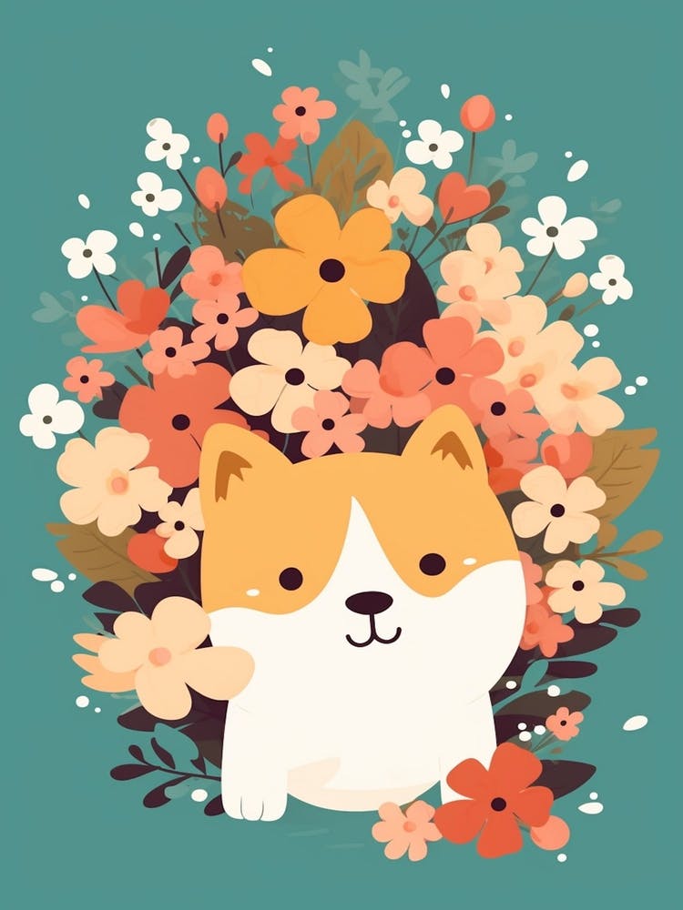 Dog And Flowers Kawaii Illustration 1