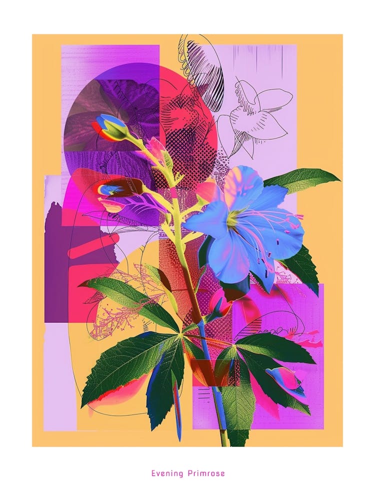 Evening Primrose 3 Neon Flower Collage Poster