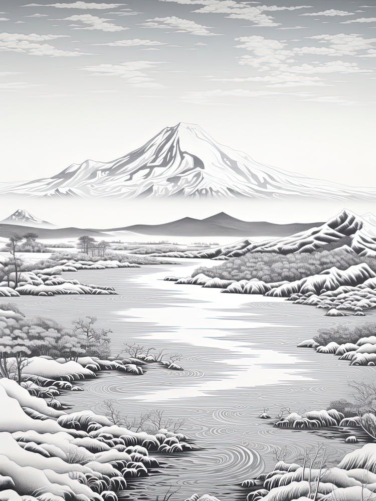 Shiretoko Peninsula In Hokkaido, Ukiyo E Schwarz-Weiß-Strichzeichnung 1