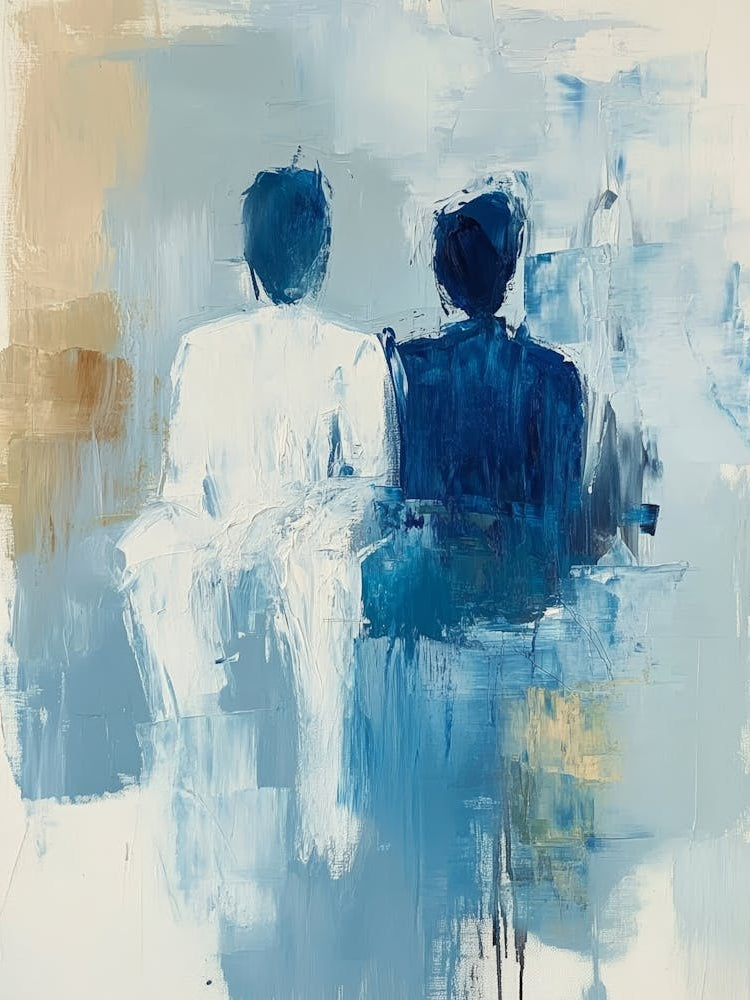 Two Figures In A White And Blue Colour Scheme Are Depicted In An Abstract Oil Painting