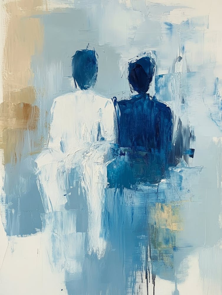 Two Figures In A White And Blue Colour Scheme Are Depicted In An Abstract Oil Painting