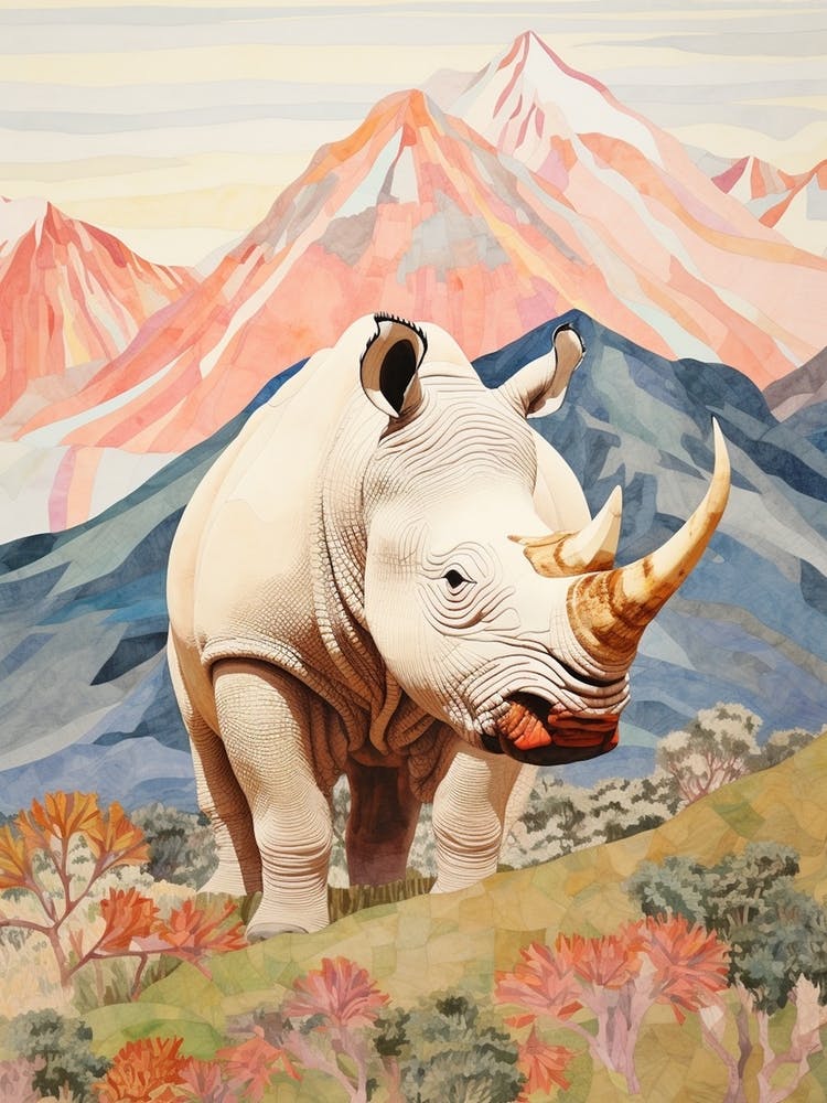 Patchwork Rhino With Mountain In The Background 1