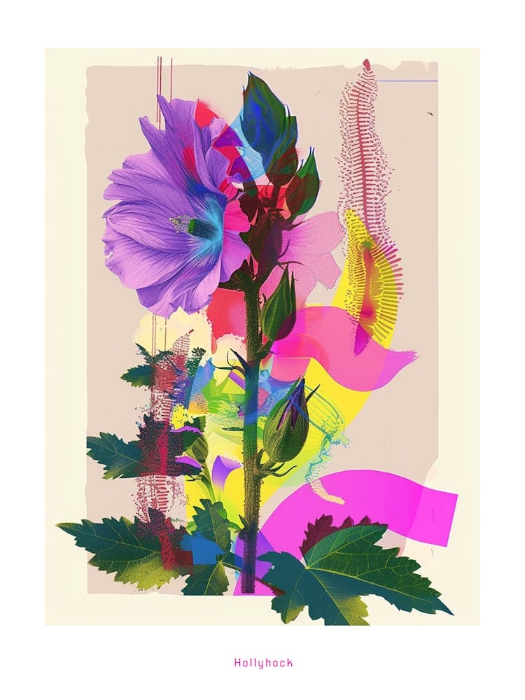 Hollyhock 1 Neon Flower Collage Poster