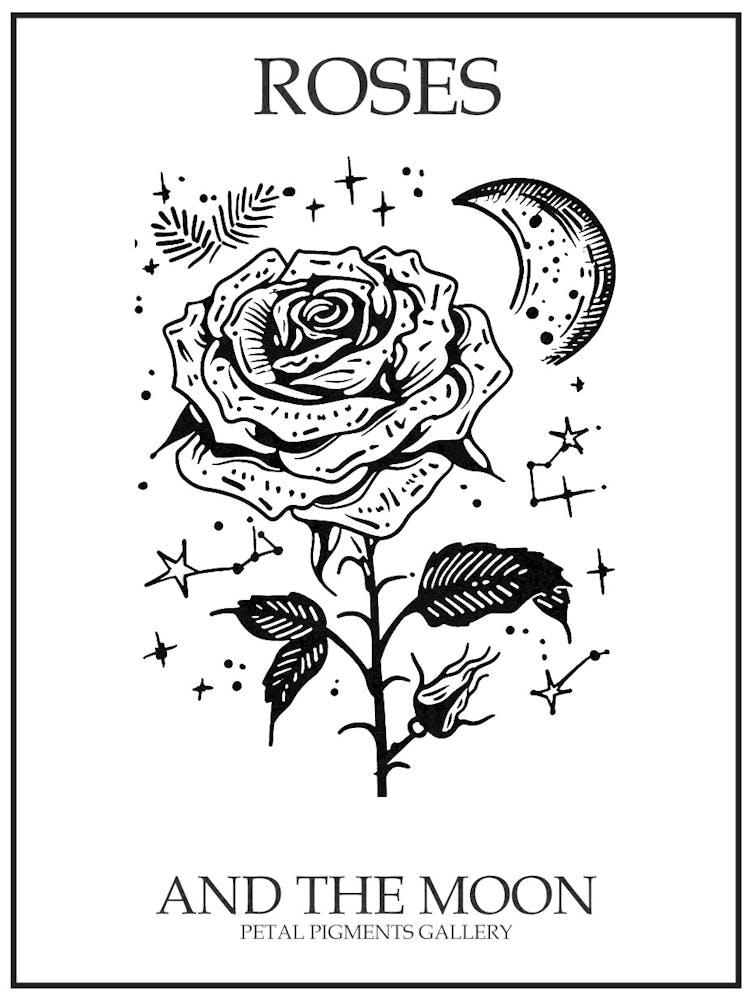 Roses And The Moon Line Drawing 3 Poster