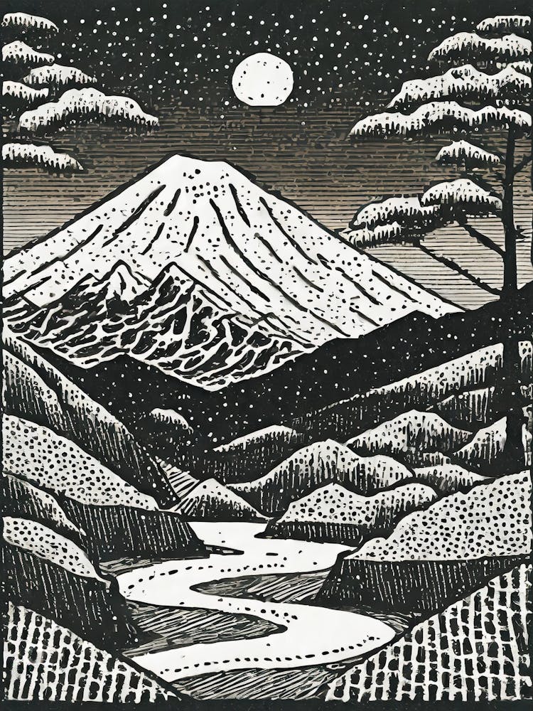Mt Fuji Linocut