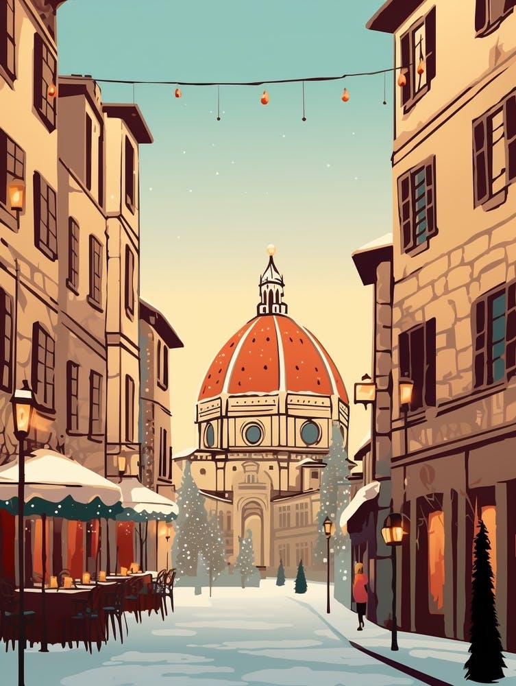Vintage Winter Travel Illustration Florence Italy 1