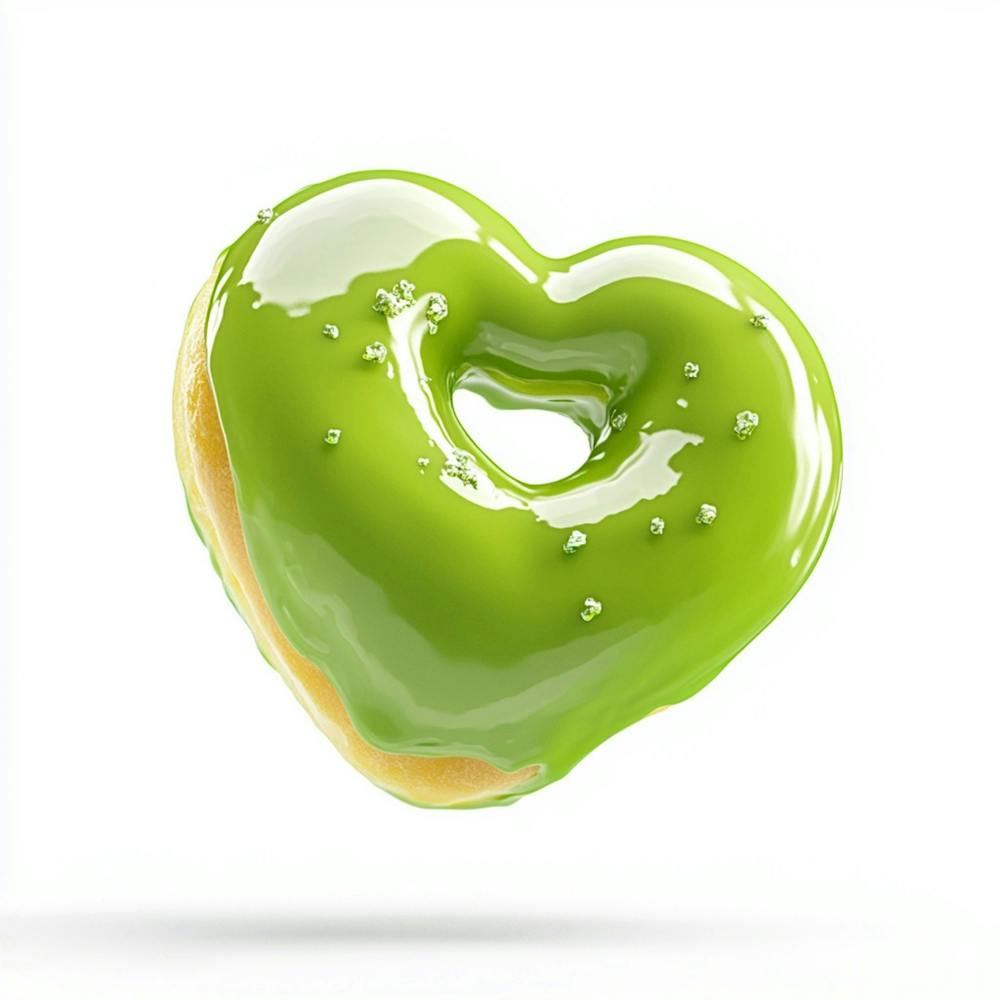 A Vivid Chartreuse Green Heart Shaped Donut Captured Mid Air, Floating In A High Resolution, Ultra Detailed Photo