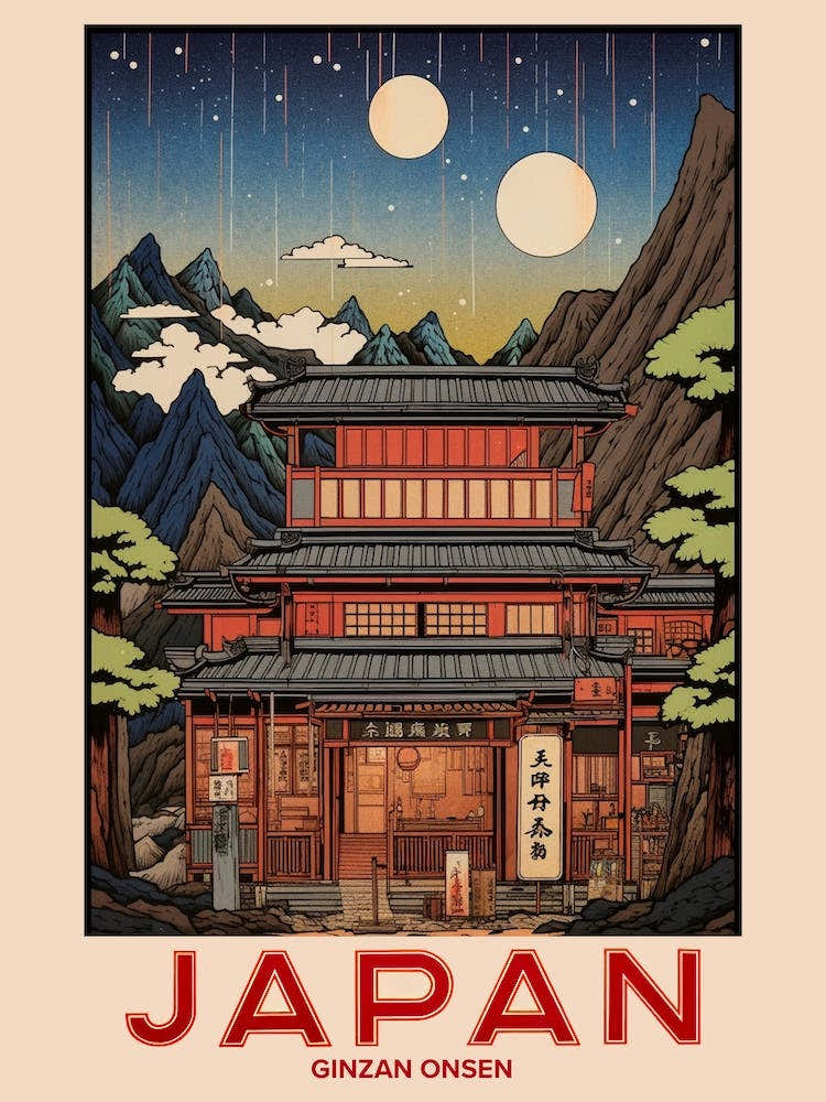Ginzan Onsen, Visit Japan Vintage Travel Art 2