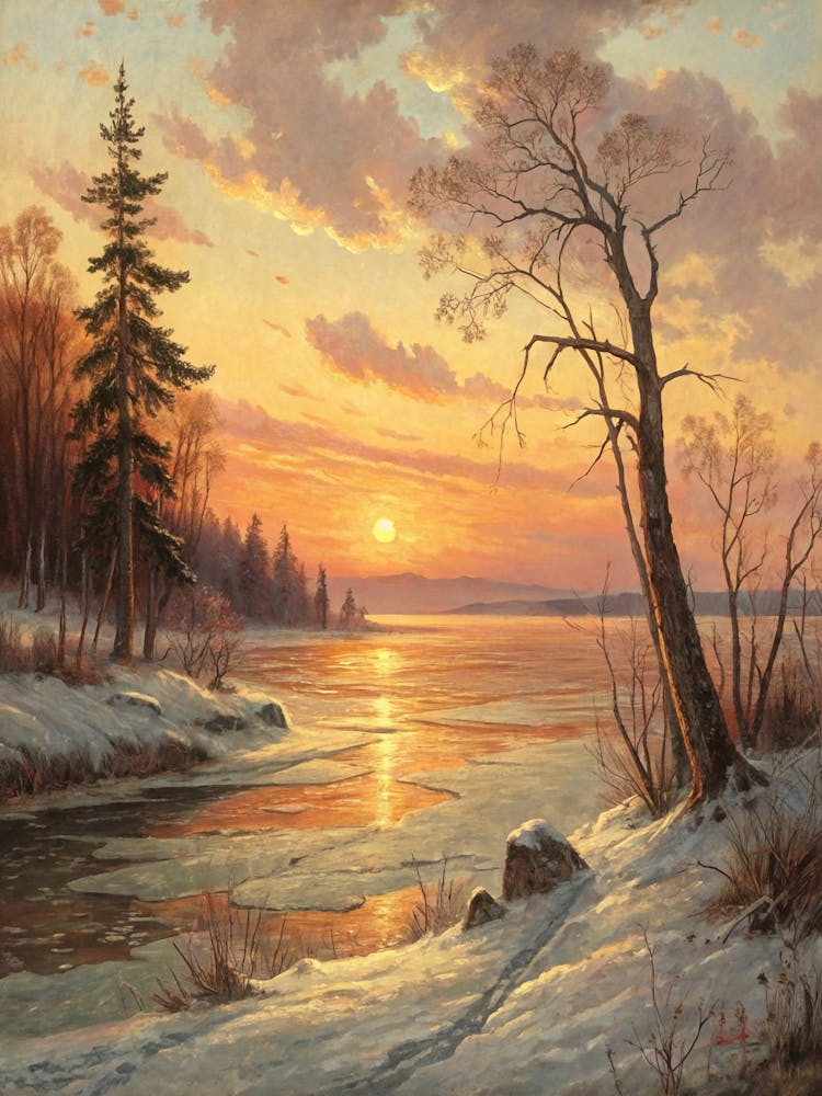 Oil Painting Style Peaceful Sunset On Icy Lake