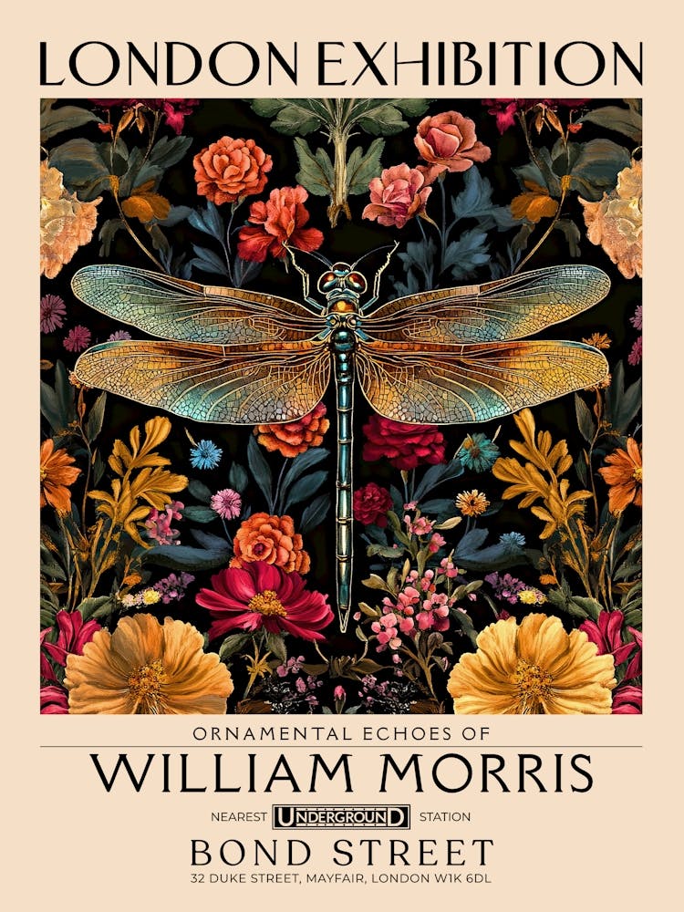 William Morris Dragonfly and floral artwork, insect and flower pattern vintage Botanical print for cottagecore, maximalist decor,floral tapestry Victorian nature illustration bedroom vintage decor 2