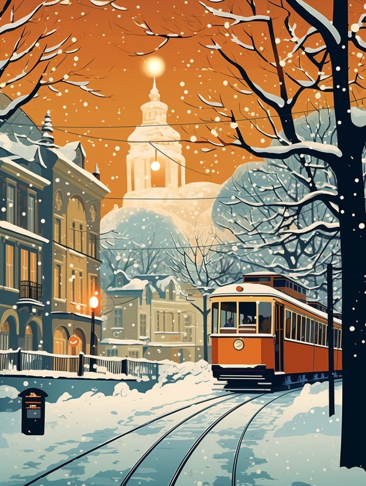 Winter Travel Night Illustration Budapest Hungary 1
