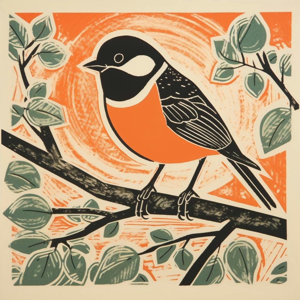 Retro Bird Lithograph Carolina Chickadee 1