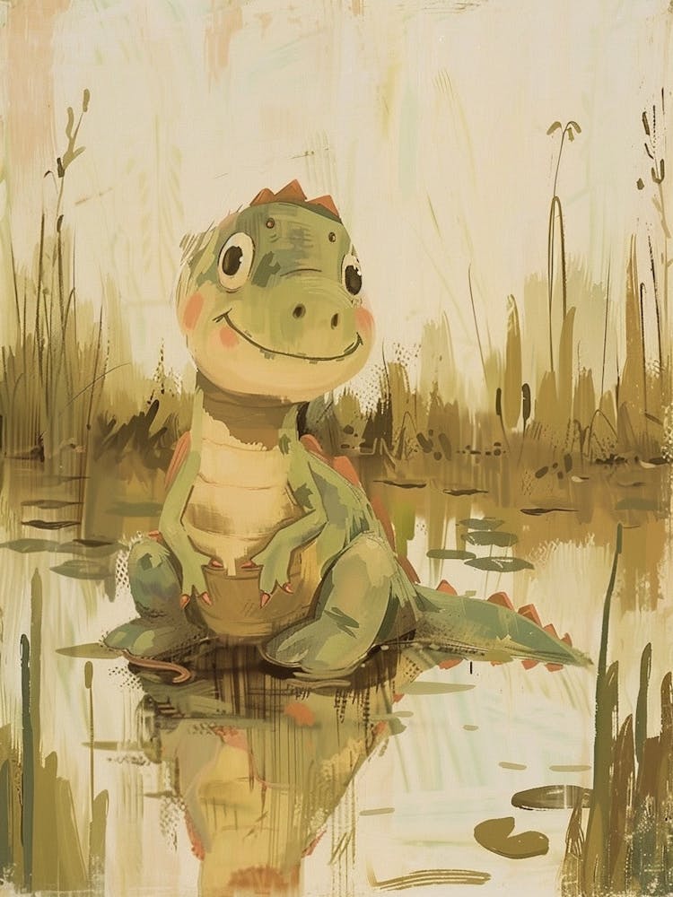 Cute Khaki Green Dinosaur In The Swamp Storybook Illustration