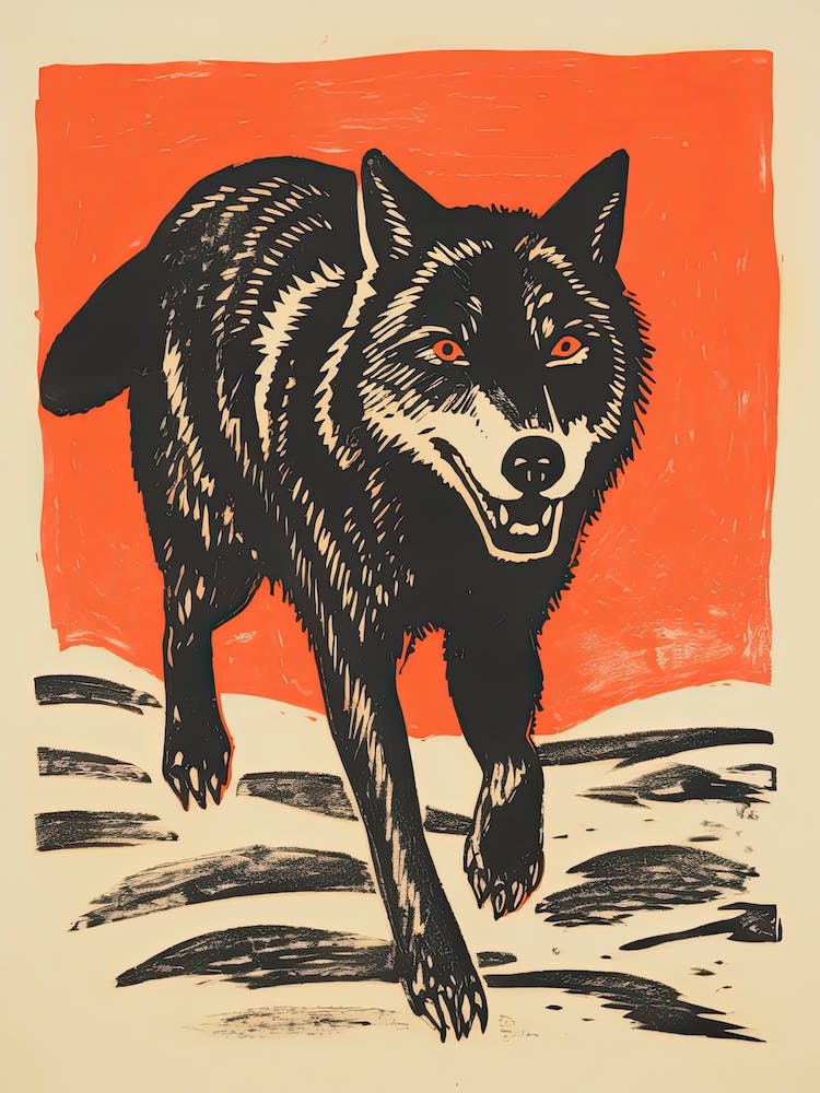 Wolf, Woodblock Animal  Drawing 4