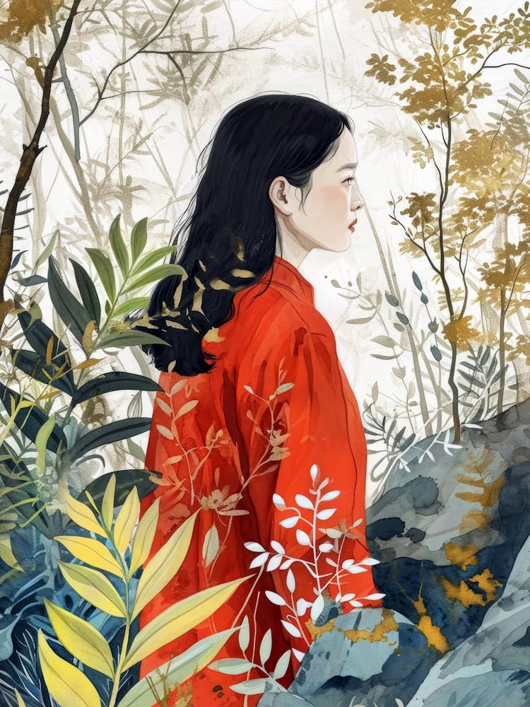 Woman In Red In The Forest