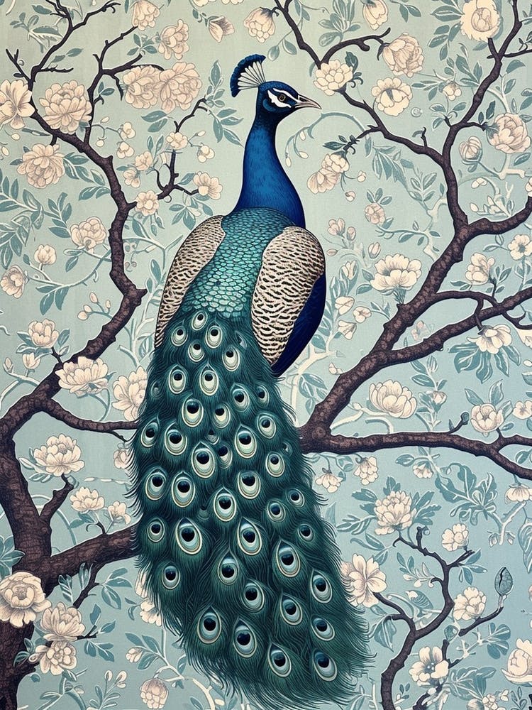 Chalk Blue Blossom Peacock Wallpaper