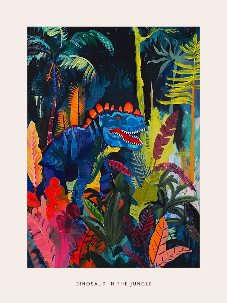 Colourful Dinosaur In The Jungle Leaves Painting 3 Poster