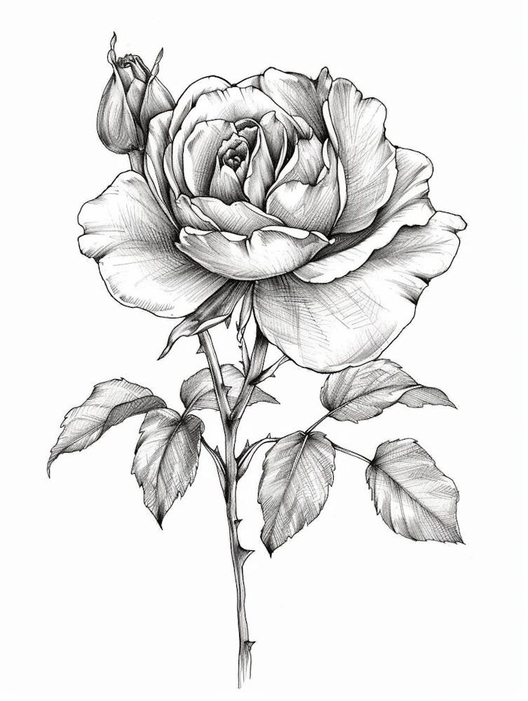 English Rose Black And White Line Drawing 1