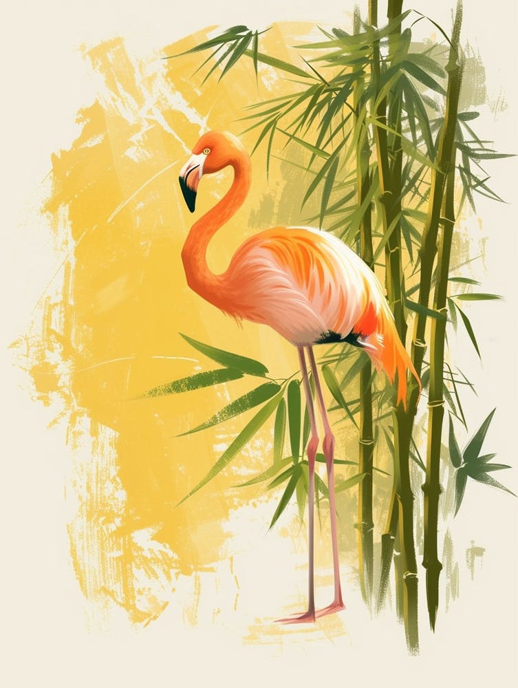 American Flamingo And Bamboo Minimalist Illustration 3