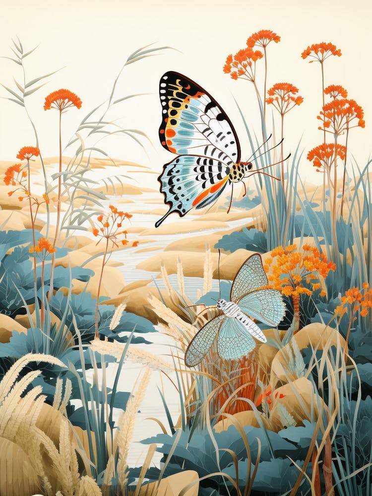 Butterflies In Wild Flowers Japanese Style Painting 2