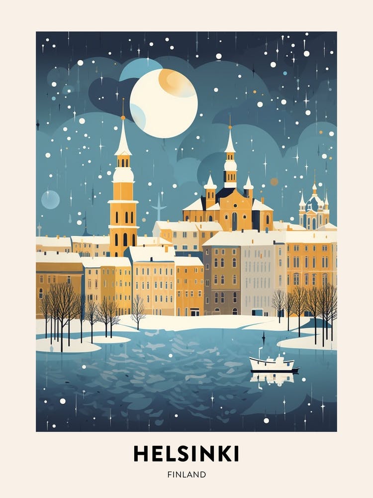 Winter Night  Travel Poster Helsinki Finland 2