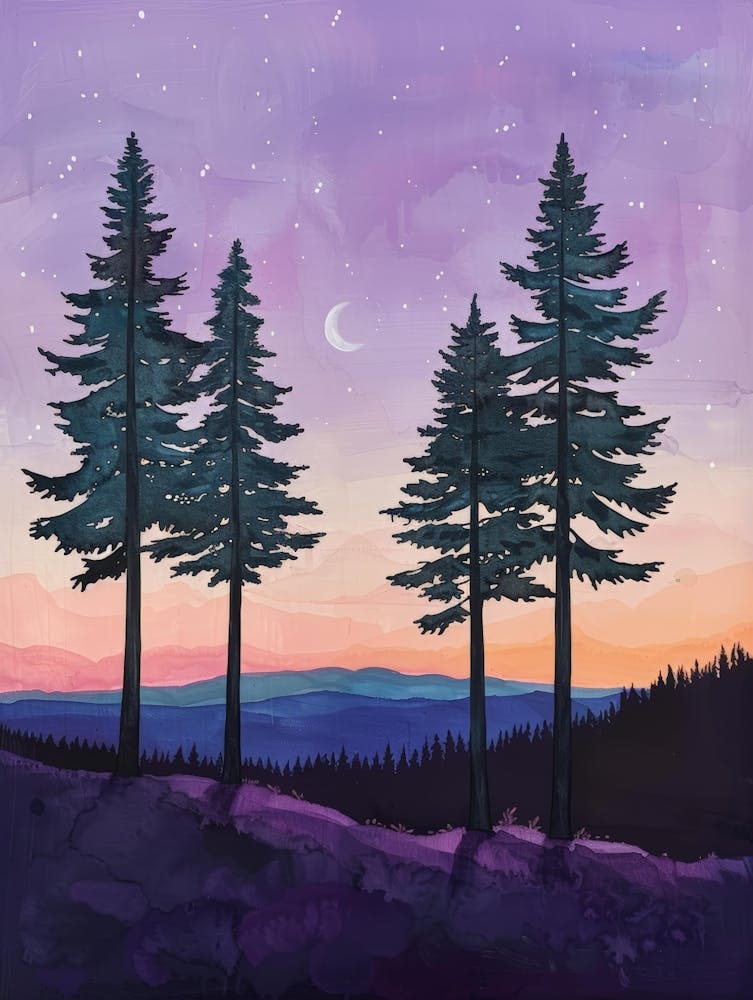 Sunset With Pine Trees Canvas Print