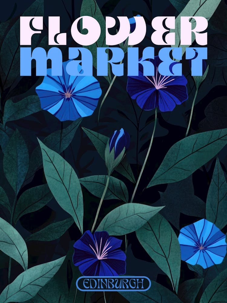 Edinburgh city print flower market poster in dark blues, retro aesthetic floral illustration with 70s style typography, vintage travel prints perfect for eclectic living rooms, bedrooms, kitchens, entryways