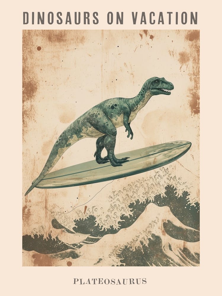 Vintage Plateosaurus Dinosaur On A Surf Board Poster