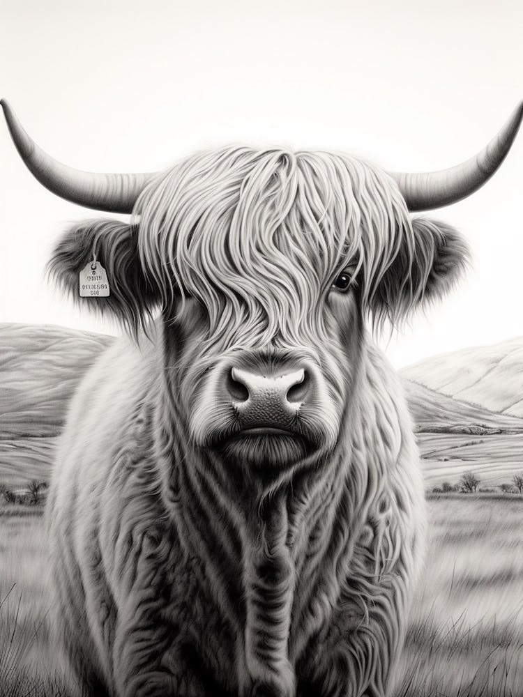 Stippling Black & White Illustration Of Highland Cow