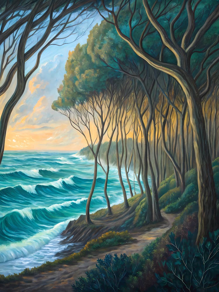 Van Gogh Inspired Coastal Forest Ocean Waves & Trees