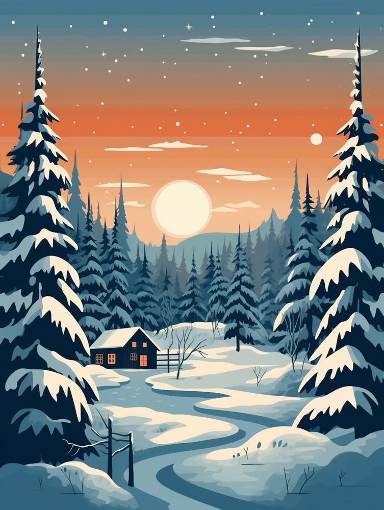 Winter Travel Night Illustration Lapland Finland 1