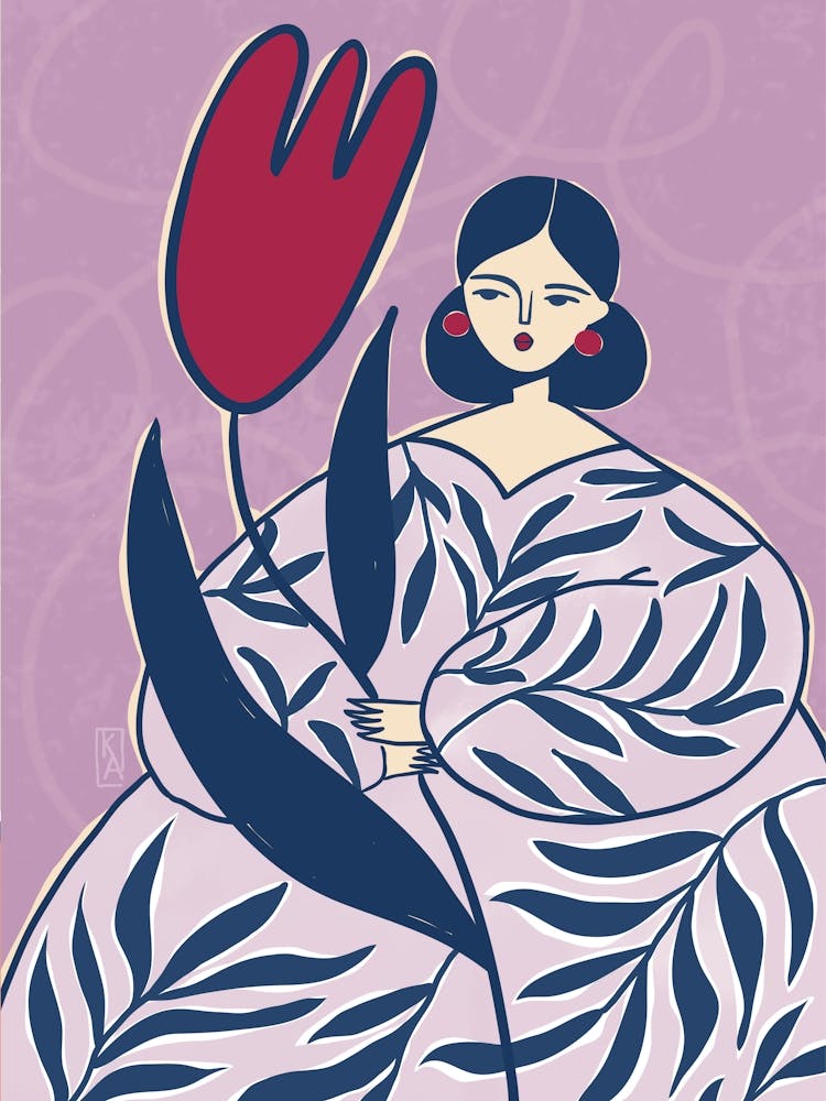 Girl with big flower, Tulip, Abstract modern art