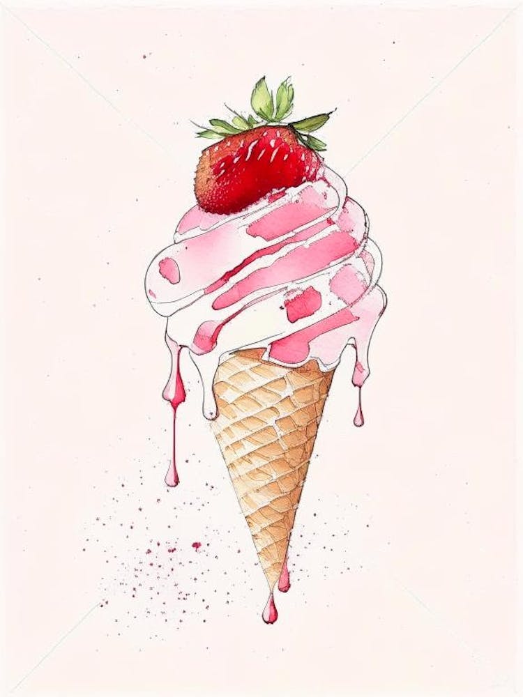 Strawberry Ice Cream, Dessert, Food Minimalist Watercolour