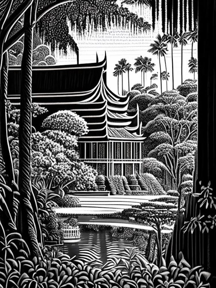 Suan Nong Nooch, 1, Thailand Linocut Black And White Vintage