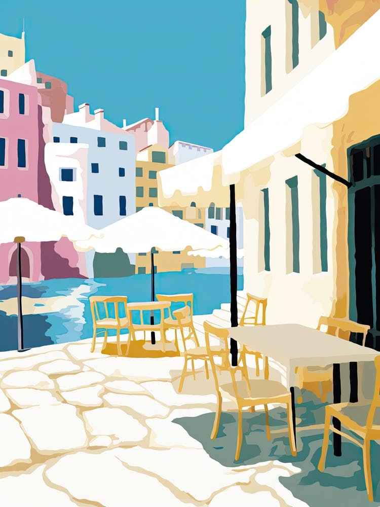 Mykonos, Greece, Flat Pastels Tones Illustration 2