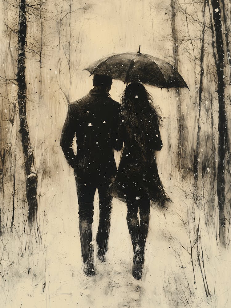 Couple Walking In The Snow, Romantic Monochrome Charcoal style