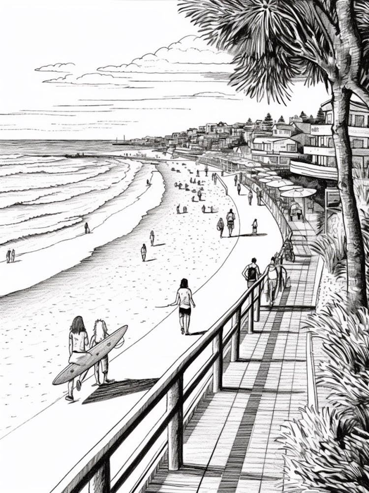View Of Byron Bay, Australia Line Art Black And White 4