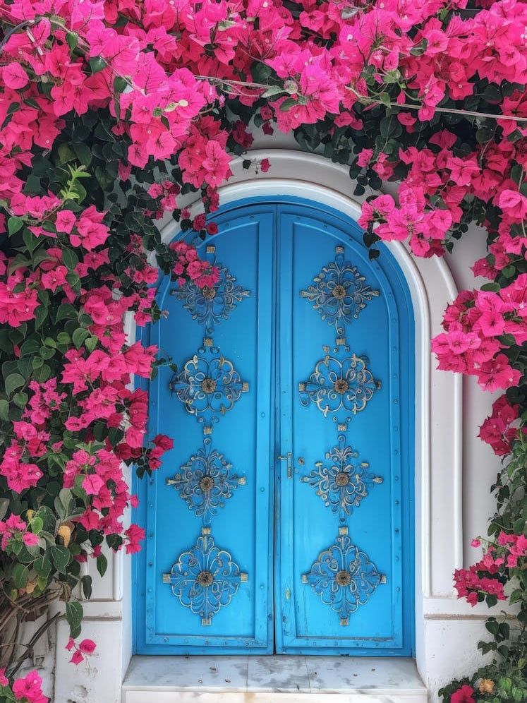 Blue Door With Pink Flowers 2
