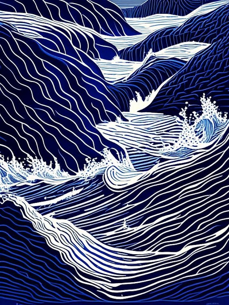 Rushing Water In Deep Blue Sea Water Waterscape Linocut 2