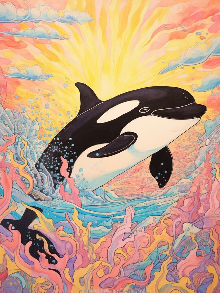 Pastel Rainbow Orca Whale Waves 1