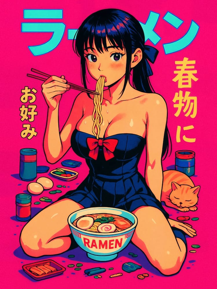 Hungry Ramen Schoolgirl – Pink Japanese Anime Poster: Slurping noodles never looked hotter. This cute pink-toned anime poster features a sexy schoolgirl waifu with boobs, cat energy, and a love for ramen – mixing kawaii culture, hentai flair, and manga food vibes in one adorable kitchen scene.