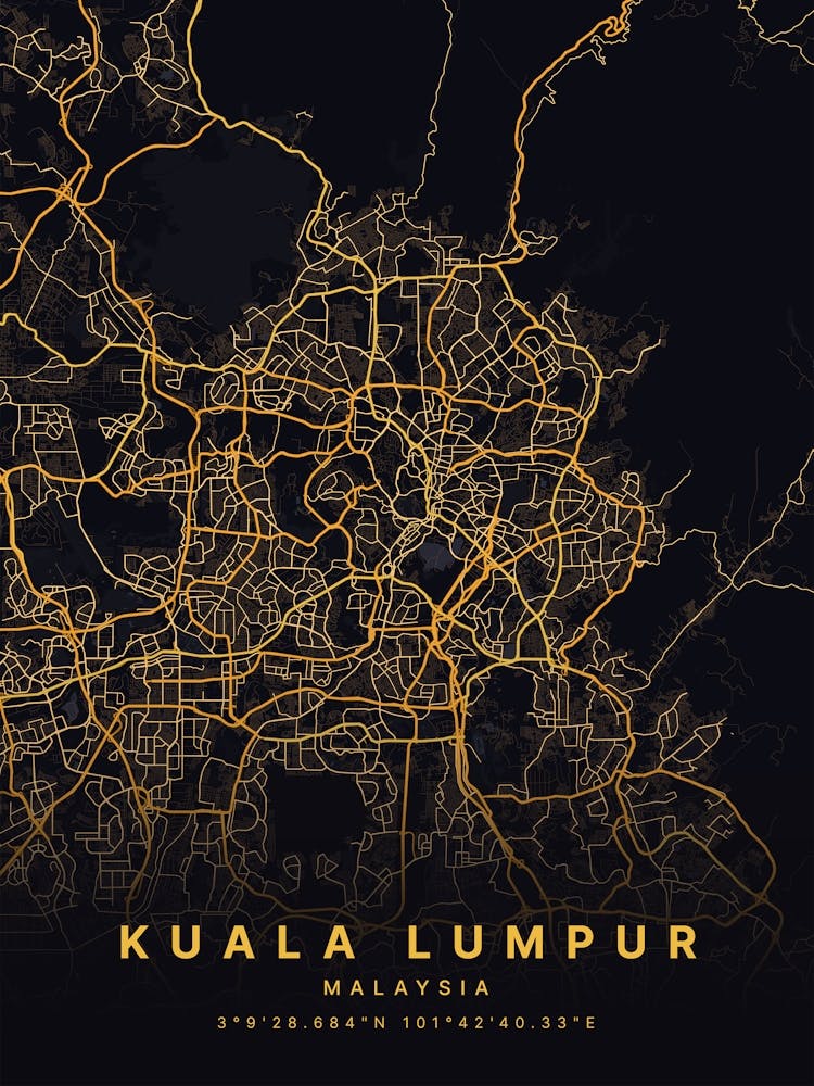 Kuala Lumpur Malaysia Black And Gold Map